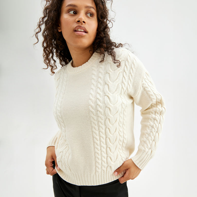 Wool cable round neck sweater, , hi-res